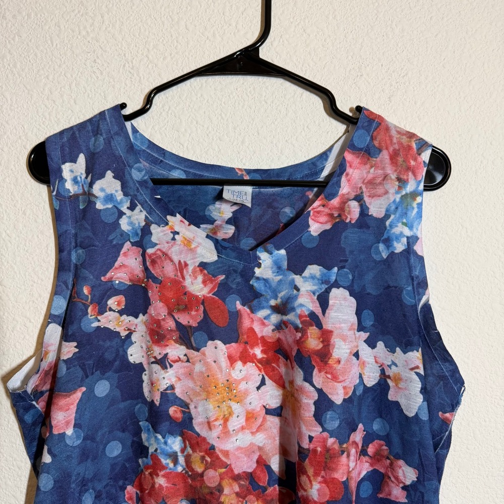 Time and Tru Womens Blue Floral Rhinestone V-Neck Sleeveless Lace Top L 12-14